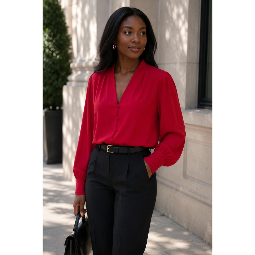 Chico's Size 3‎ Red Button Front Blouse Long Sleeve Career Office Dressy Top XL